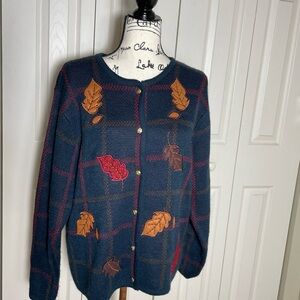 Liz Baker Size M Fall Leaf Navy Blue L/S Button Front Cardigan Sweater Vintage